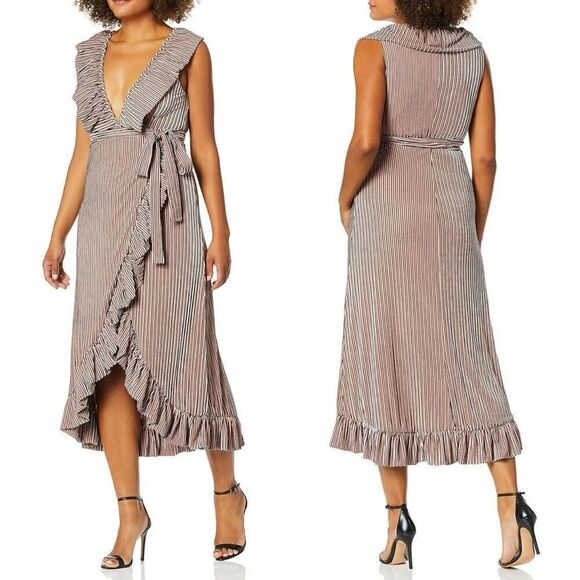 MISA Stripe Velvet Ruffle Wrap Midi ‘EVE’ Dress M Plunged V Neck Fairy Romantic - Picture 13 of 14